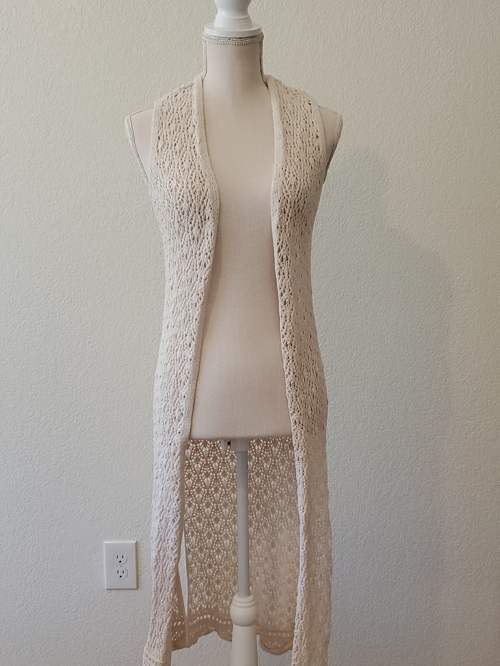 Freshman Cream Crochet Open Duster Vest